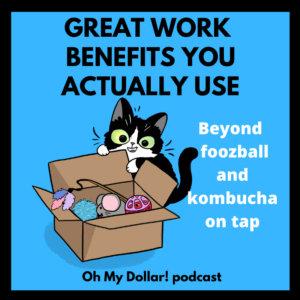 cat looking in a box with text "great work benefits you actually use"